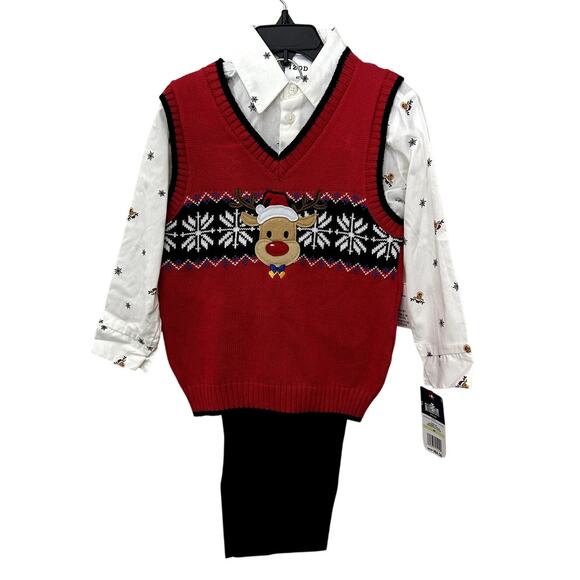Izod Boys 3 Piece Reindeer Outfit Pants Shirt & Sweater Vest 3T NWT - Picture 1 of 7